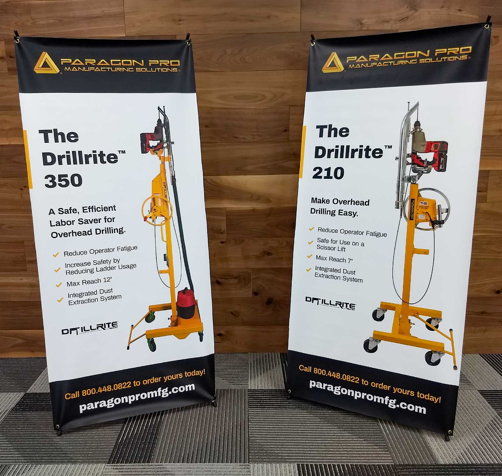 Two vertical tradeshow banners for Paragon Pro Manufacturing Solutions